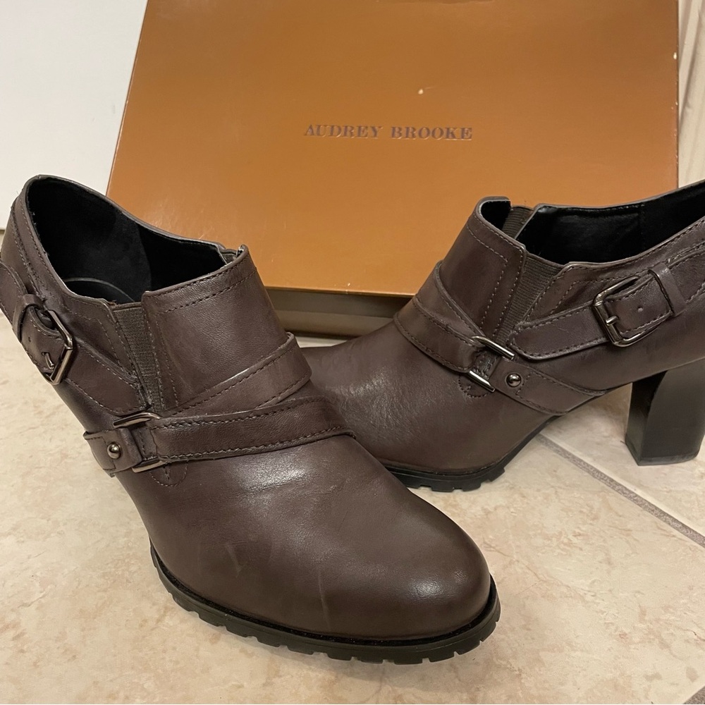 Audrey Brooke “Shootie” Black Heels 10M, Treaded-Lug Type Soles. Gently worn.